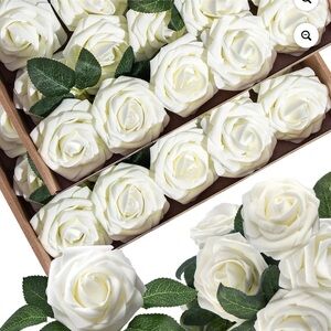 White Artificial 50 Piece Rose Box with stem and greenery - Real Looking